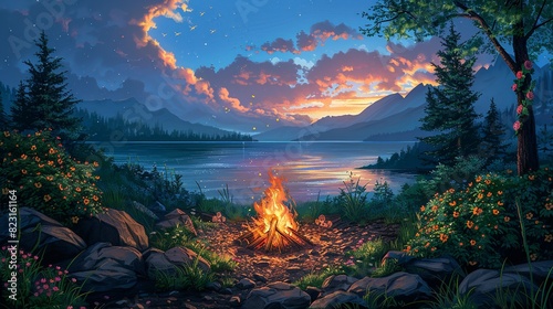 Summer Time, Campfire Gathering with Flower Garland: An illustration of friends gathered around a campfire decorated with flower garlands, enjoying a warm spring evening. Illustration image, photo