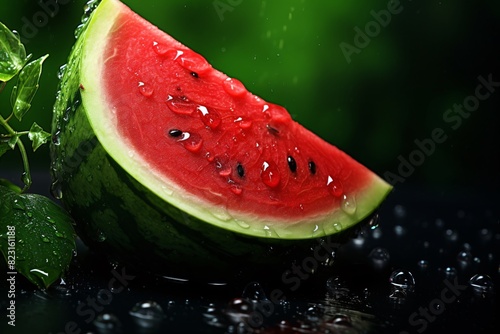 a slice of watermelon with water drops