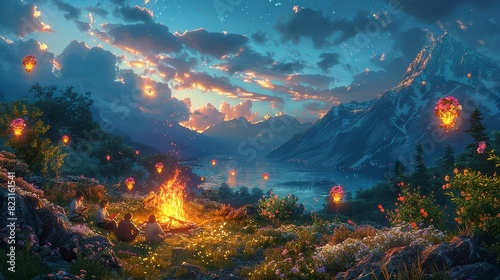 Summer Time, Campfire Stories with Flower Lanterns: An illustration of campers telling stories around a campfire decorated with flower lanterns, creating a magical spring evening. Illustration image,