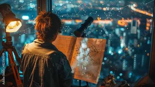 Person studying a star chart in an observatory with a telescope and cityscape view, symbolizing cosmology and urban inspiration. Night time. photo
