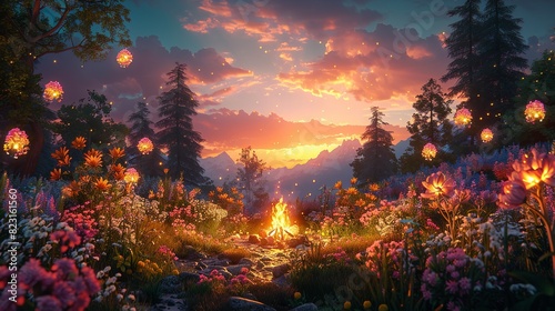 Summer Time, Campfire Stories with Flower Lanterns: An illustration of campers telling stories around a campfire decorated with flower lanterns, creating a magical spring evening. Illustration image, photo