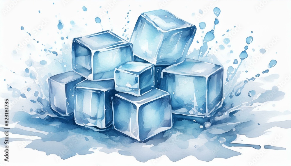 Watercolor isolated illustrations of ice cubes Watercolor isolated illustrations of ice cubes