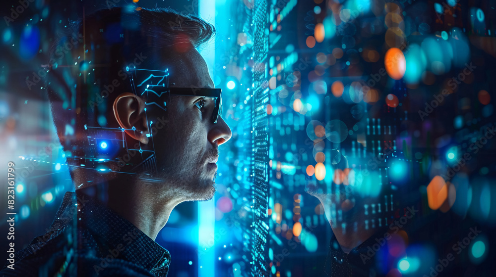 Man using technology with a backdrop of virtual communication and financial networks