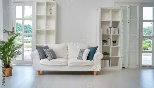 White sofa on wooden parquet. Minimalist, scandinavian home interior design of modern living room.landscape in window Nordic home interior illustration