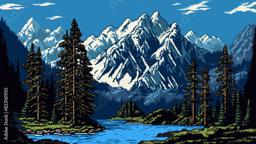 8 bit pixel art lake and snowy mountains landscape. Ai generated game scene background with serene nature ambiance. Pixelated classic video game level with summit and conifer trees at calm water shore