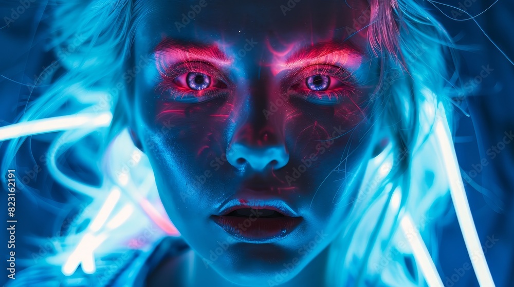 Blurred portrait of a young blonde girl with a neon colored face posing over a dark background decorated with blue neon lights. Concept of art, modern style, cyberpunk, futurism and creativity.