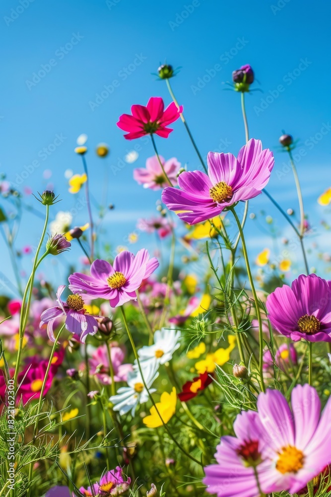 Colorful garden of wild flowers: Nature palette blurred background of sky and flowers Colorful garden of wild flowers: Nature palette blurred background of sky and flowers