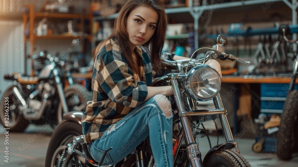Young Authentic Female Mechanic posing on a Custom Bobber Motorbike and holding Ratchet and Spanner. Talented Girl Wearing a Checkered Shirt. Garage Workshop. Young Authentic Female Mechanic posing on a Custom Bobber Motorbike and holding Ratchet and Spanner. Talented Girl Wearing a Checkered Shirt. Garage Workshop.