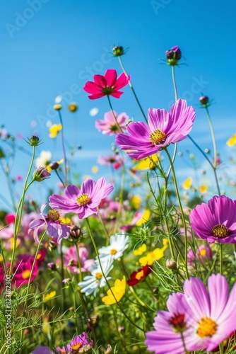 Colorful garden of wild flowers  Nature palette blurred background of sky and flowers