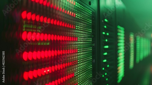 Red and green lights flash on a large monitor indicating the severity of incoming threats.