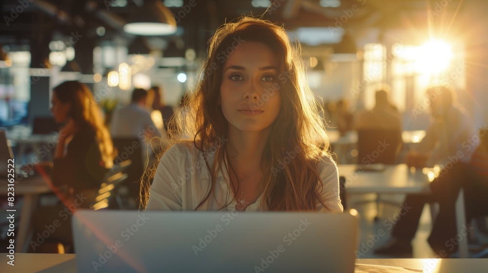 The picture portrays a beautiful and creative young woman sitting at a desk using a laptop. In the background, you can see a bright office where many young professionals work. The picture is shot