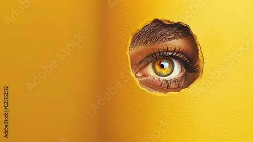 Keeping secrets. Female eye attentively looking into keyhole against yellow background. Contemporary collage. Conceptual design. Concept of creativity, abstract art, imagination, and inspiration.