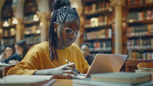 A gifted black girl uses a laptop, writes notes for the paper, essays, studies for a class assignment in the university library. A diverse multi-ethnic group of students learns, studies for exams,