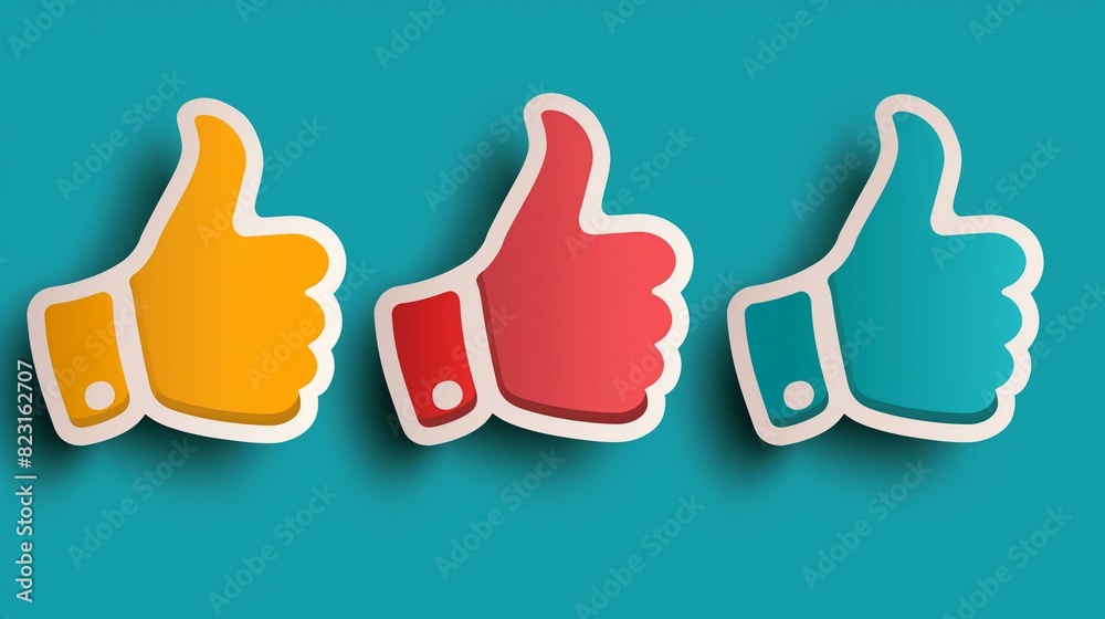 Colorful Thumbs Up Icons In Yellow, Red, And Blue On Turquoise Background Colorful Thumbs Up Icons In Yellow, Red, And Blue On Turquoise Background
