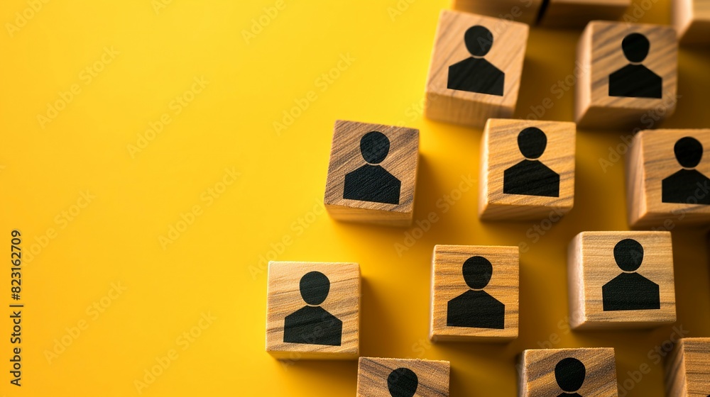 Wooden Blocks with Employee Icons on Yellow Background Representing Teamwork and Recruitment Wooden Blocks with Employee Icons on Yellow Background Representing Teamwork and Recruitment