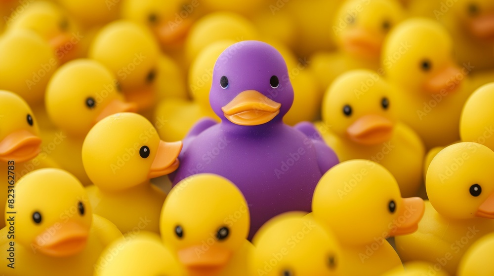Unique Purple Toy Duck Among Many Yellow Rubber Ducks Standing Out Unique Purple Toy Duck Among Many Yellow Rubber Ducks Standing Out