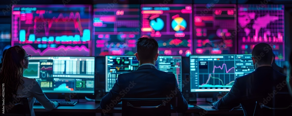 Financial Strategists Analyzing Investment Opportunities with Live Data Feeds and Business Strategy Concepts Financial Strategists Analyzing Investment Opportunities with Live Data Feeds and Business Strategy Concepts