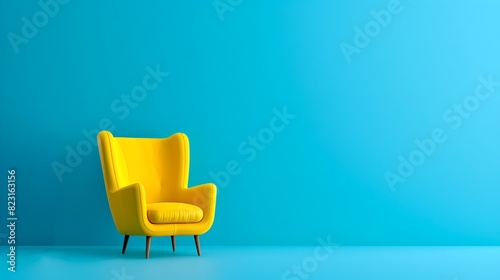 Bright yellow armchair against a vibrant blue wall. Modern interior design concept. Ideal for home decor inspiration. Striking color contrast for stylish living spaces. AI