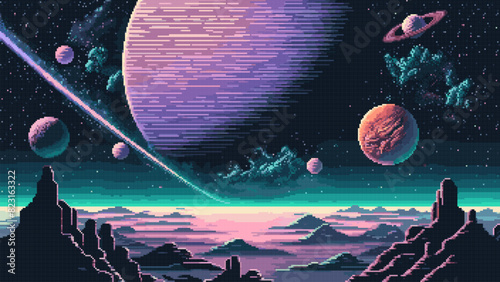 Generative ai purple or violet space planet surface and galaxy landscape. 8Bit pixel art game scene, comes to life with charmingly retro planetary terrain, creating an immersive gaming experience