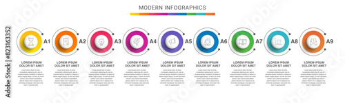 Modern infographics vector template. Cyclic infographic with nine circles. Timeline design template with 9 options, steps, and parts. Flat illustration for business.
