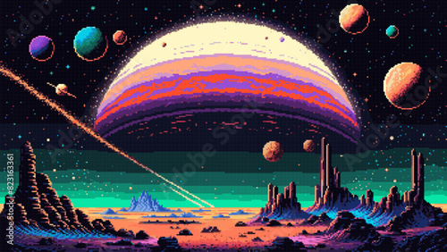 Generative ai. Alien galaxy space planets landscape and stars. Ai generated 8 bit pixel art game scene with vibrant hues, jagged mountains, neon flora, and a cosmic sky dotted with shimmering stars