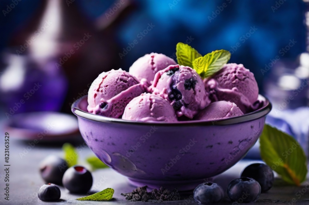 Blueberry Ice cream scoops in ceramic bow, professional food photography, fruit flavored, cinematic, dessert Blueberry Ice cream scoops in ceramic bow, professional food photography, fruit flavored, cinematic, dessert
