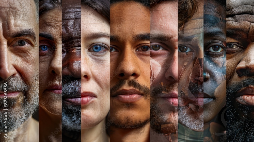 Faces of men and women from diverse ages, genders, and races. Concept of social equality, human rights, freedom, diversity, and acceptance.