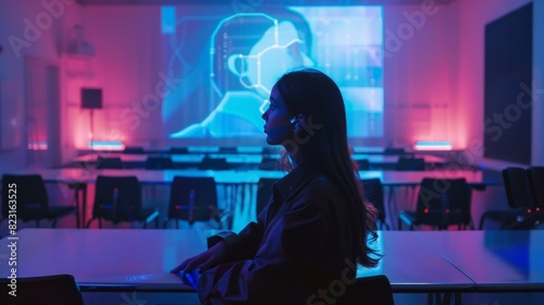 A student sits in a classroom listening to a language lesson delivered by a virtual teacher projected onto the front of the room. photo