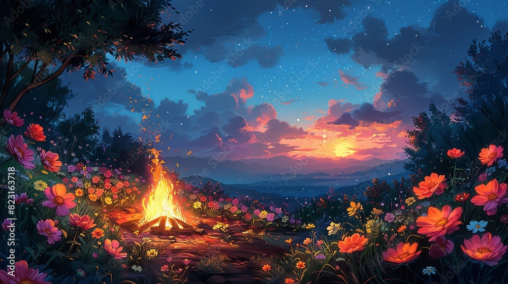 Summer Time, Pastel Flowers and Campfire Evening: An illustration of an evening campfire surrounded by pastel-colored flowers, with campers enjoying a peaceful spring night. Illustration image,