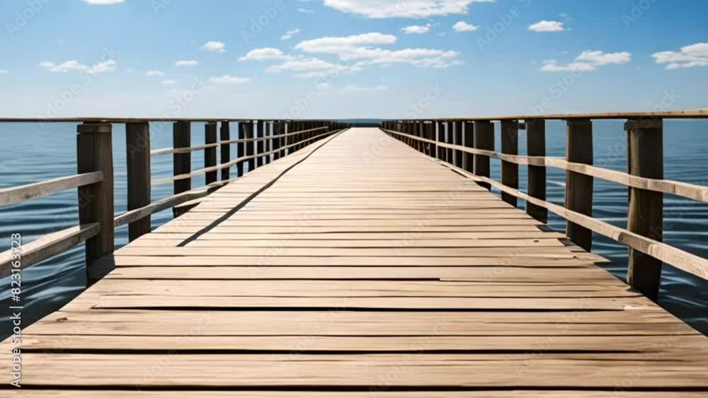 An old long wooden pier extending out into the quiet, calm sea with no one under the bright blue sky An old long wooden pier extending out into the quiet, calm sea with no one under the bright blue sky