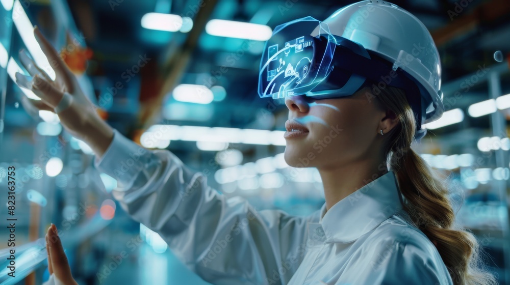 Female engineer wears augmented reality headset and uses mixed reality software to map manufacturing plant floors for future machinery. Female engineer wears augmented reality headset and uses mixed reality software to map manufacturing plant floors for future machinery.