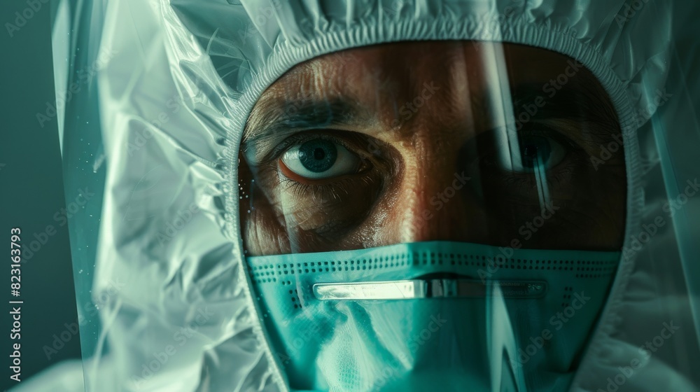 In this dramatic shot, a brave and overworked medical worker wearing coveralls, face masks, and shields stares directly at the camera with his piercing and hopeful eyes. In this dramatic shot, a brave and overworked medical worker wearing coveralls, face masks, and shields stares directly at the camera with his piercing and hopeful eyes.