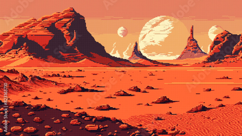 8 bit pixel art mars red planet surface and mountains landscape. Ai generated game scene background depicts rugged terrain, craters, and iconic red hue. Nostalgic style alien planet unique starscape