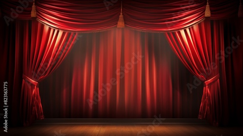 Stage in a theatre. Theater red velvet curtains.