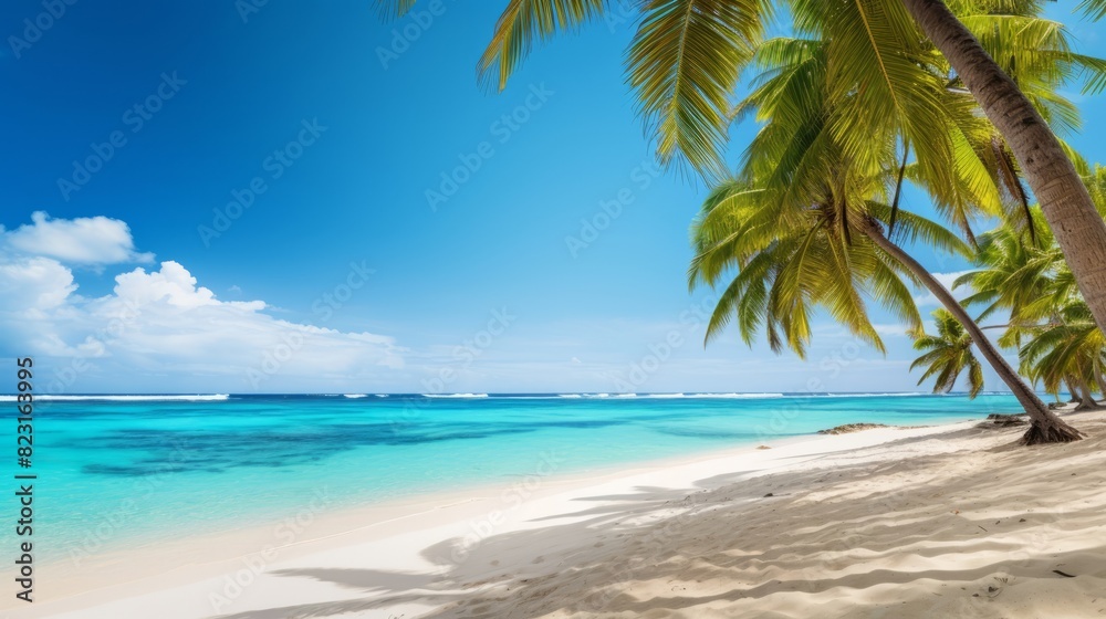 Beautiful tropical ocean with blue sky and palm trees in summer