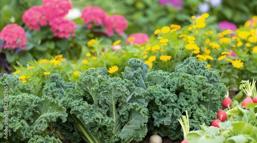A bountiful vegetable garden showcasing rows of kale, turnips, and radishes, surrounded by colorful blooming flowers.
