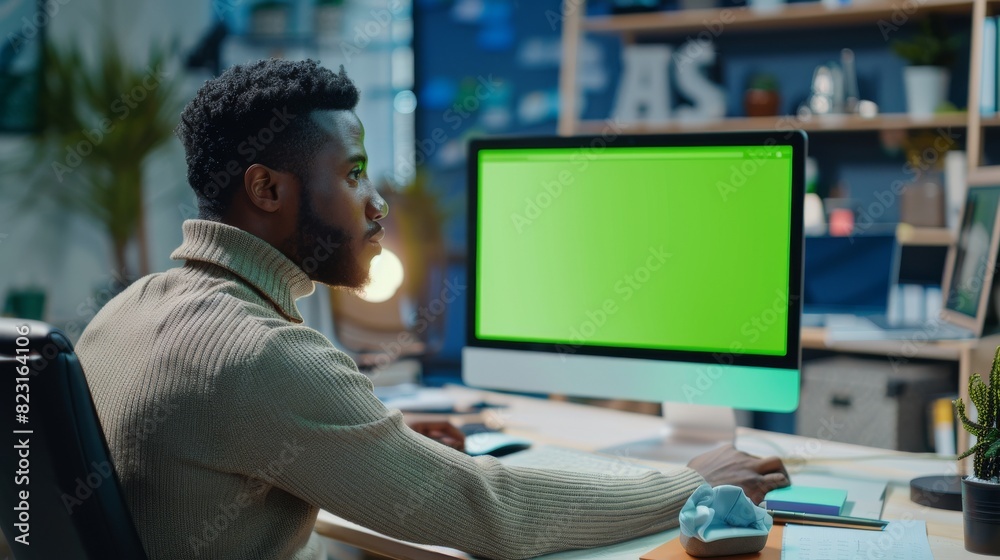 An attractive black African American project manager is making a video call on a desktop computer with green screen mockup on his desk in a busy creative office. He is wearing a turtle neck sweater An attractive black African American project manager is making a video call on a desktop computer with green screen mockup on his desk in a busy creative office. He is wearing a turtle neck sweater