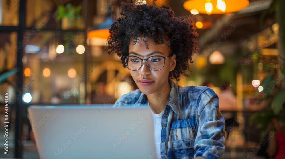 Young Latin Marketing Specialist at an Office with Short Hair and Glasses working at a Laptop Computer. Beautiful Multi-Ethnic Project Manager Making a Presentation in a Busy Creative Environment. Young Latin Marketing Specialist at an Office with Short Hair and Glasses working at a Laptop Computer. Beautiful Multi-Ethnic Project Manager Making a Presentation in a Busy Creative Environment.
