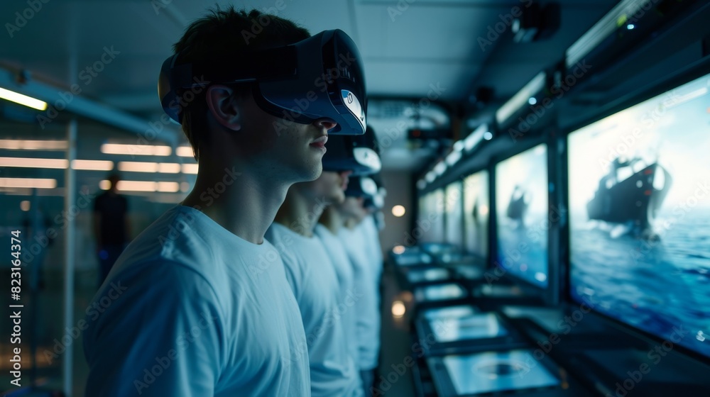 A group of trainee captains stand in a simulator room each one wearing a virtual reality headset as they practice their navigation skills on a 3D model of a ship. A group of trainee captains stand in a simulator room each one wearing a virtual reality headset as they practice their navigation skills on a 3D model of a ship.
