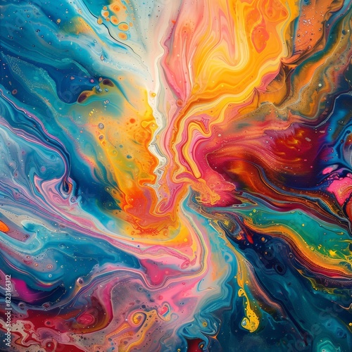 Vibrant abstract painting with a swirl of colors  including blue  red  orange  and yellow  creating an energetic and dynamic composition.