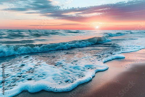 Colorful Sunset Over Sea with Waves and Foam on Sandy Beach