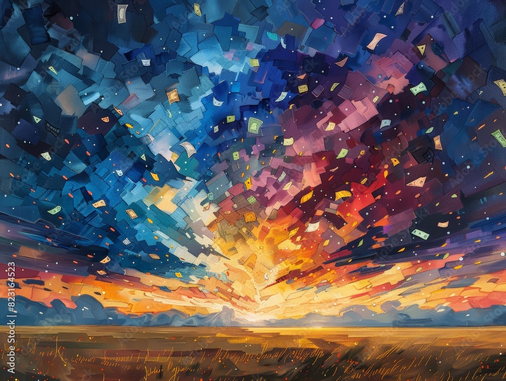 Fototapeta premium Vibrant abstract sunset over a vast field, showcasing a mix of bright, colorful brush strokes and captivating sky patterns.