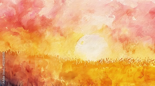 A beautiful watercolor sunset painting illustration showcasing a gradient of golden yellows, coral pinks, and deep indigos over a peaceful meadow. photo