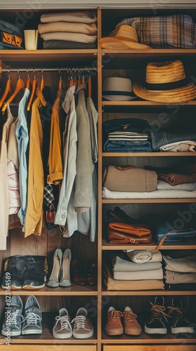 A closet full of clothes and shoes, with a hat on the top shelf © liliyabatyrova