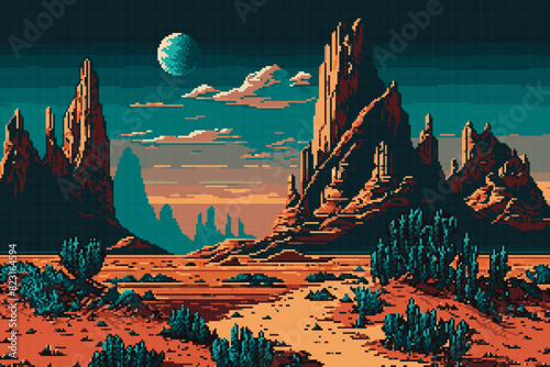 Generative AI Wild West desert and mountains landscape. 8bit pixel art game scene. Indie game land panorama backdrop, vintage 8bit arcade or videogame level design AI generated asset with desert