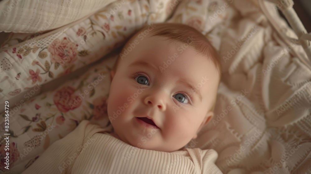 Playful Portrait of a Caucasian Neonate Toddler in Cozy Home Space. Concept of Childhood, New Life, and Parenthood.