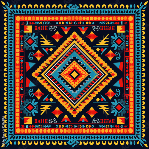 print design in the style of ethnic carpet patterns, Aztec art and African textile designs. Red blue yellow orange