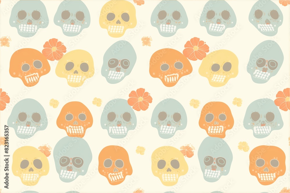 Colorful pattern featuring pastel skulls and flowers in soft shades of blue, orange, and yellow on a light background