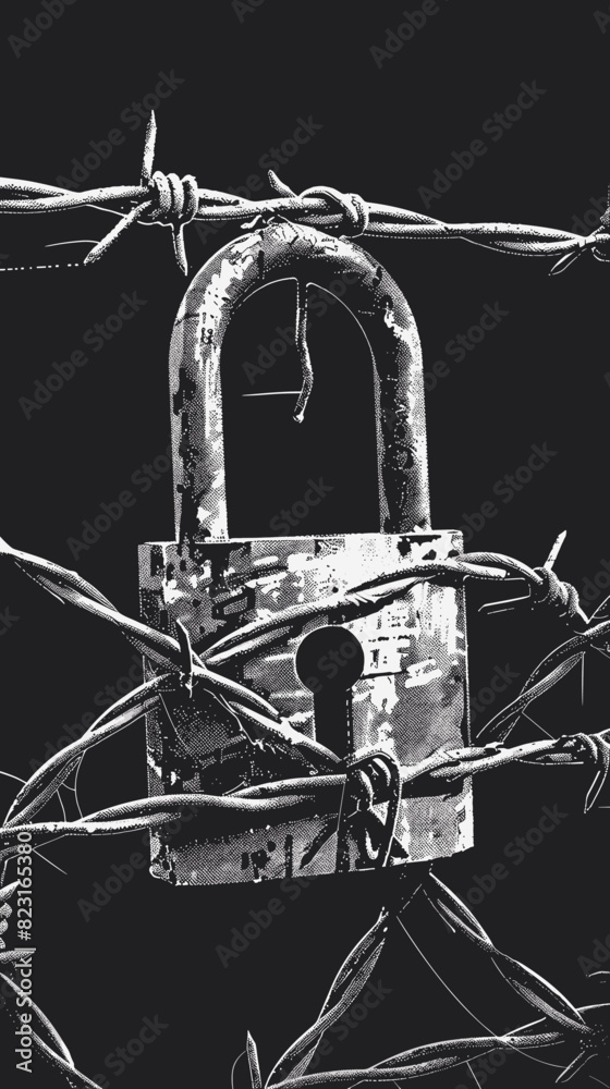 Massive Padlock Entangled in Barbed Wire Guarding Secrets and Data, Reliable Firewall Protection