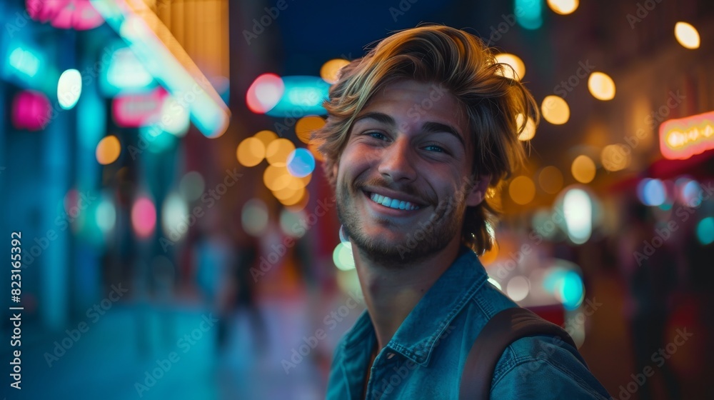 Stylish young man with stylish hair, smiling and looking at camera, with bad bokeh neon lights in background. Close-up portrait of self-assured young man with stylish hair. Stylish young man with stylish hair, smiling and looking at camera, with bad bokeh neon lights in background. Close-up portrait of self-assured young man with stylish hair.